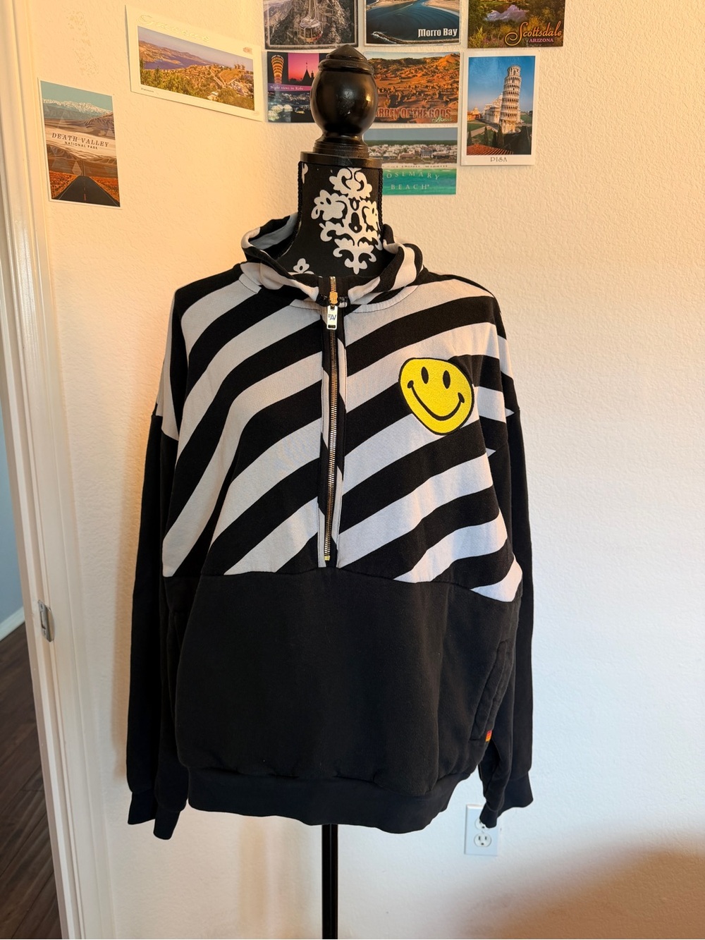 Aviator NationBlack & White Striped Men’s Hoodie Sweater with Yellow Smile Patch